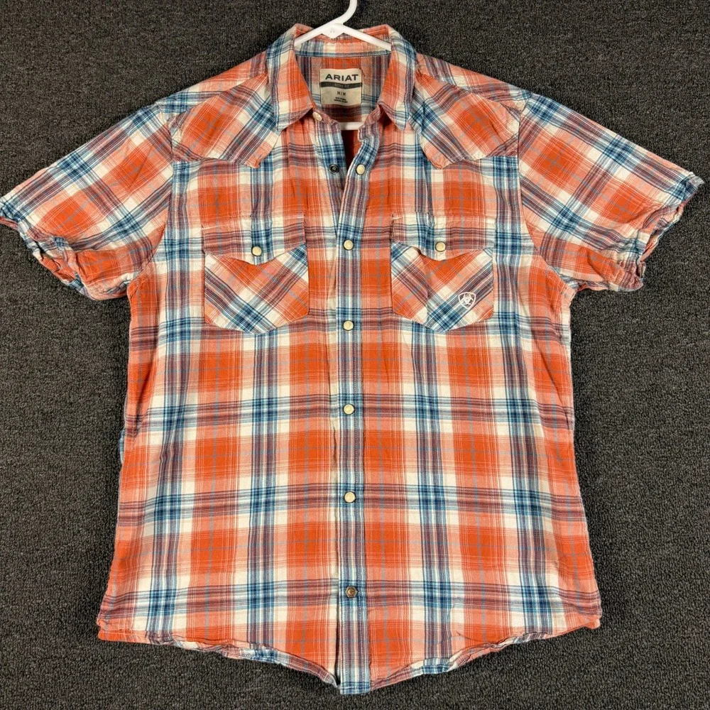 Ariat Hawk Retro Snap SS Mens Orange Blue Plaid Western Shirt Medium 10040647